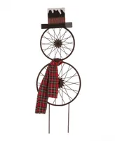 Glitzhome 36.63" H Metal Bike Wheel Snowman with Plaid Scarf Yard Stake