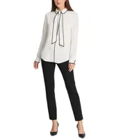 Dkny Piped Trim Tie Front Blouse