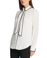 Dkny Petite Piped-Trim Button-Up Blouse, Created for Macy's