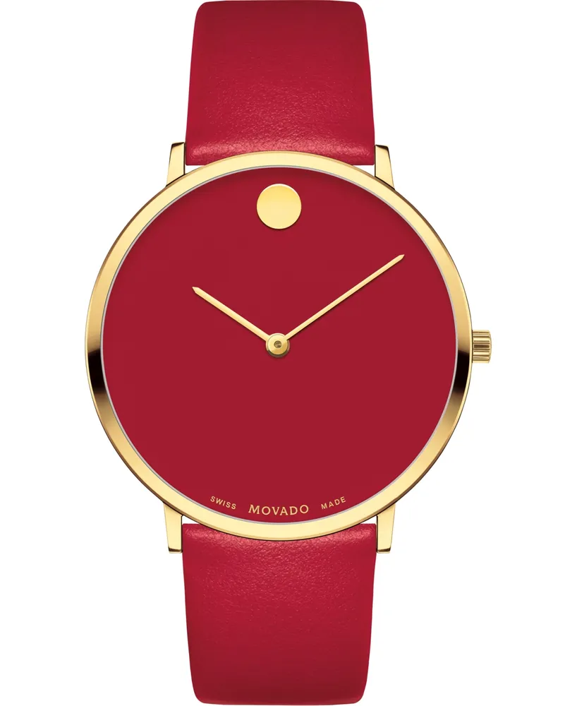 Movado Swiss Modern Red Leather Strap Watch 40mm