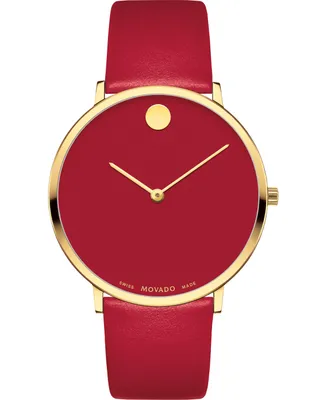 Movado Swiss Modern Red Leather Strap Watch 40mm