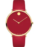 Movado Swiss Modern Red Leather Strap Watch 40mm