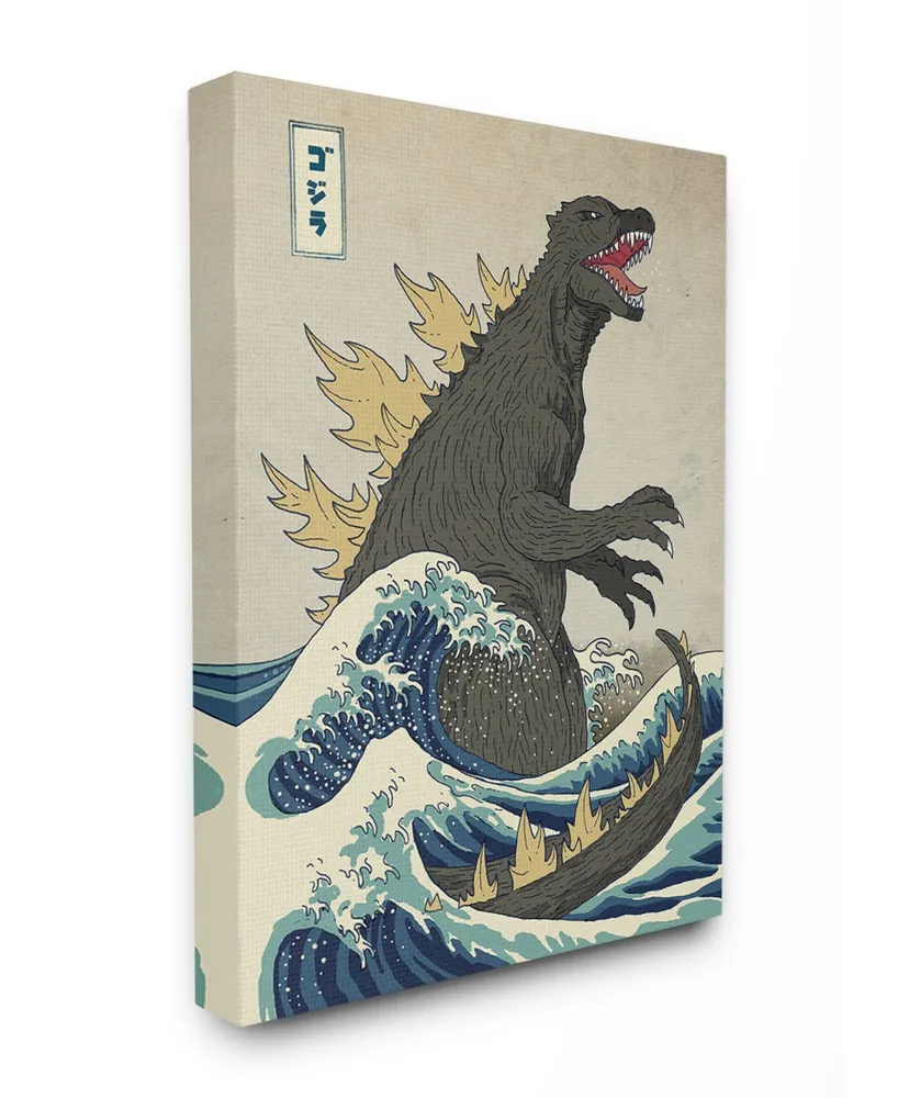 Stupell Industries Godzilla in The Waves Eastern Poster Style Illustration Stretched Canvas Wall Art, 24" L x 30" H