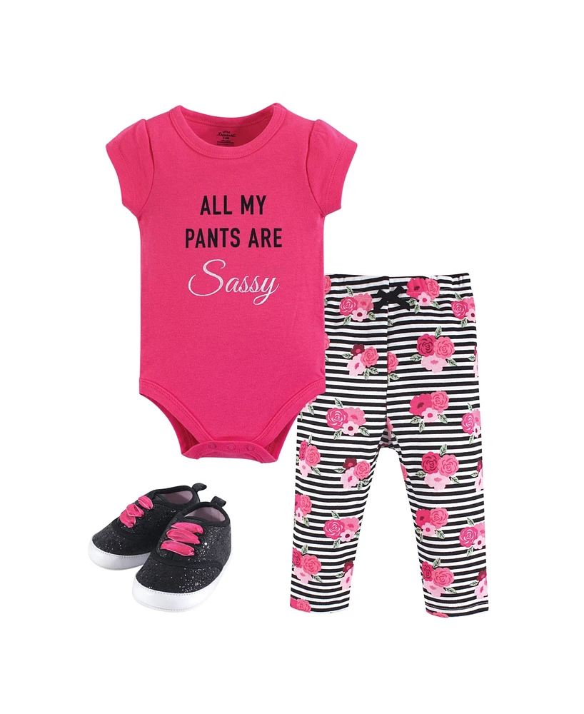 Little Treasure Baby Girls Treasure Cotton Bodysuit, Pant and Shoe 3pc Set