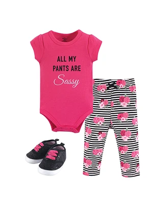 Little Treasure Baby Girls Cotton Bodysuit, Pant and Shoe 3pc Set, Sassy Pants