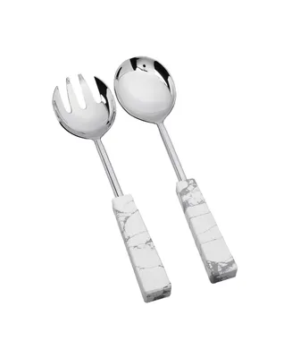 Classic Touch Set of 2 Stainless Steel Salad Servers with White and Gray Stone Handles