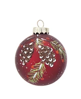 Kurt Adler 80MM Glass Red With Pinecone Design Ball Ornaments, 6 Piece Box Set