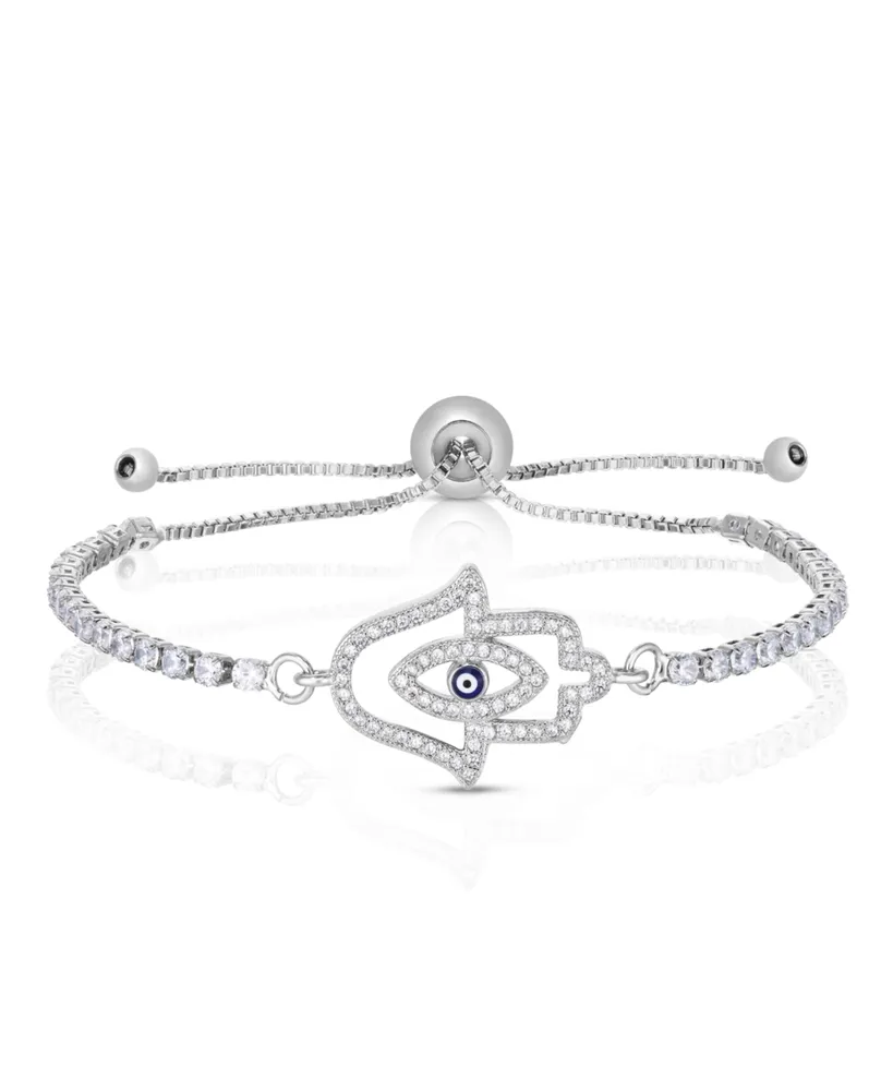 Cubic Zirconia Hamsa Adjustable Bolo Bracelet In Silver Plate