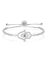 Cubic Zirconia Hamsa Adjustable Bolo Bracelet In Silver Plate