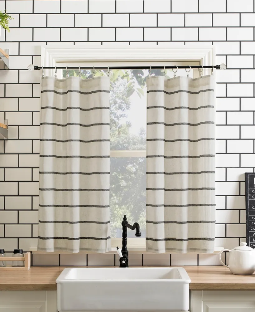 Twill Stripe Anti-Dust Linen Blend Sheer Cafe Curtain Pair