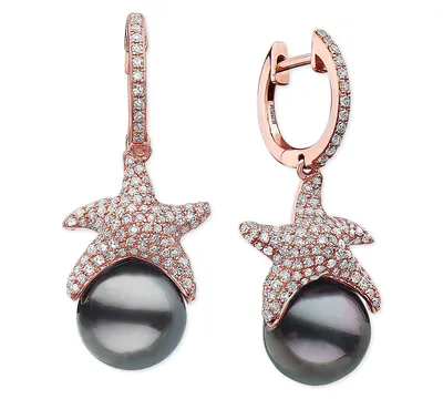 Effy Cultured Black Tahitian Pearl (9-1/2mm) & Diamond (3/4 ct. t.w.) Starfish Dangle Drop Earrings in 14k Rose Gold