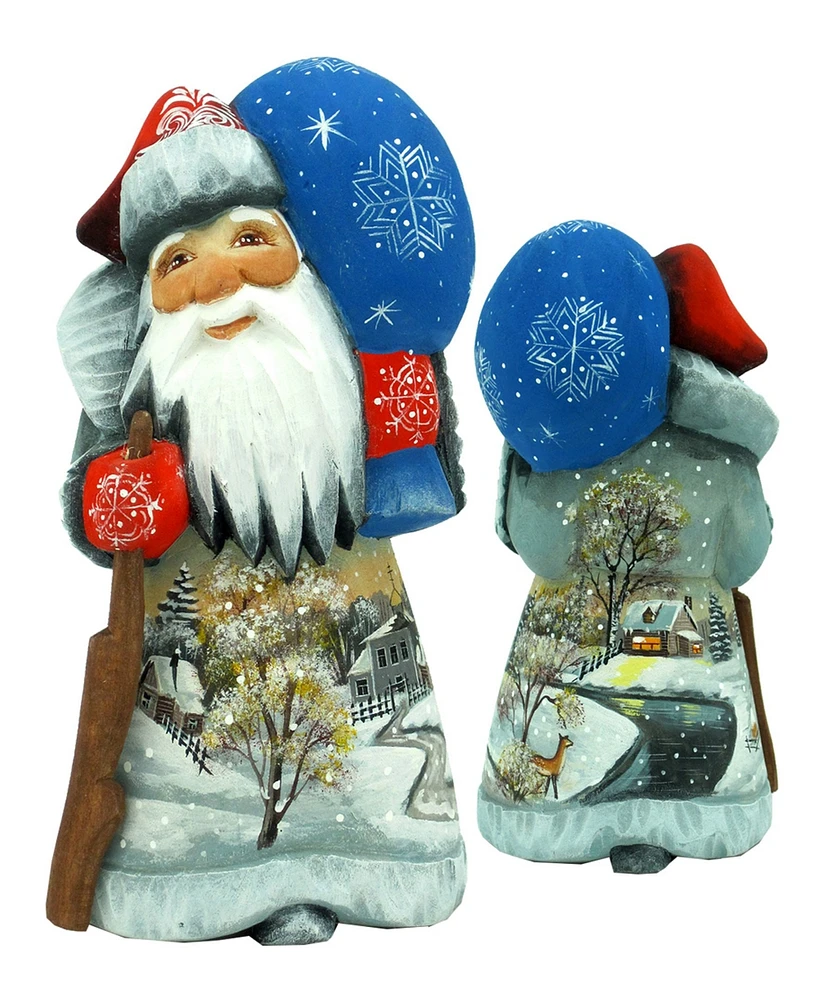 G.DeBrekht Woodcarved and Hand Painted Winter Landscape Santa Figurine