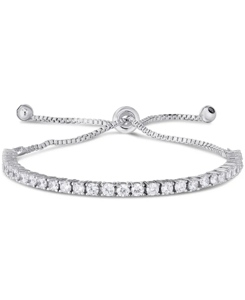 Cubic Zirconia Tennis Adjustable Slider Bolo Bracelet in Silver Plate