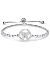 Cubic Zirconia Butterfly Adjustable Slider Bolo Bracelet in Silver Plate