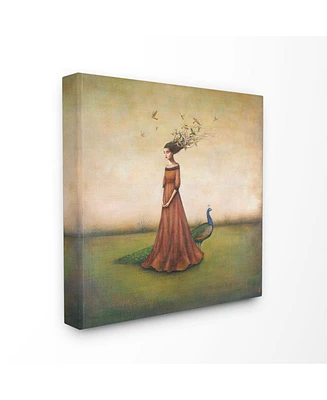 Stupell Industries Beauty and Birds in Her Hair Woman and Peacock Illustration Canvas Wall Art, 30" L x 30" H