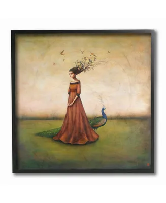 Stupell Industries Beauty and Birds in Her Hair Woman and Peacock Illustration Framed Texturized Art, 12" L x 12" H