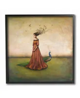 Stupell Industries Beauty and Birds in Her Hair Woman and Peacock Illustration Framed Texturized Art, 12" L x 12" H