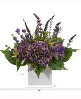 Nearly Natural 15in. Hydrangea and Lavender Artificial Arrangement in White Vase