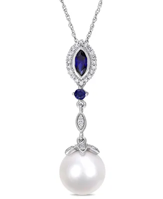Freshwater Cultured Pearl (10-10.5mm), Created Blue Sapphire (1/2 ct. t.w) and Diamond (1/7 ct. t.w.) 17" Necklace in 10k White Gold