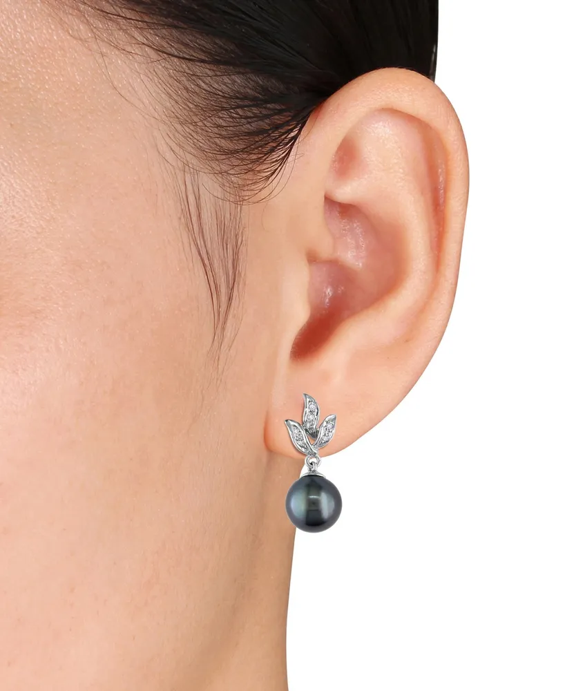 Tahitian Cultured Pearl (9-9.5mm) and Diamond (1/10 ct. t.w.) Floral Earrings in 10k White Gold