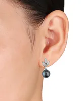 Tahitian Cultured Pearl (9-9.5mm) and Diamond (1/10 ct. t.w.) Floral Earrings in 10k White Gold