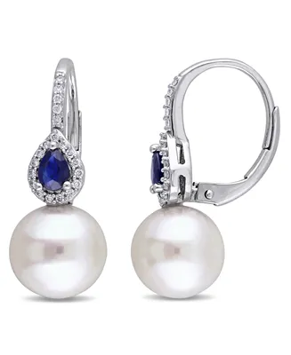 Freshwater Cultured Pearl (9-9.5mm), Sapphire (3/8 ct. t.w.) and Diamond (1/8 ct. t.w.) Pear Drop Earrings in 14k White Gold
