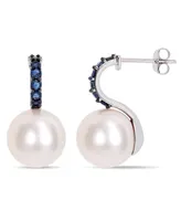 Freshwater Cultured Pearl (11-12mm) and Sapphire (5/8 ct. t.w.) Drop Earrings in 10k White Gold