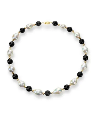 White Baroque Freshwater Cultured Pearl (12-13mm) with Black Onyx (10mm) and Gold Beads (4mm) 18" Necklace in 14k Yellow Gold