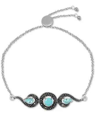 Genuine Marcasite & Reconstituted Turquoise Adjustable Bracelet in Silver-Plate