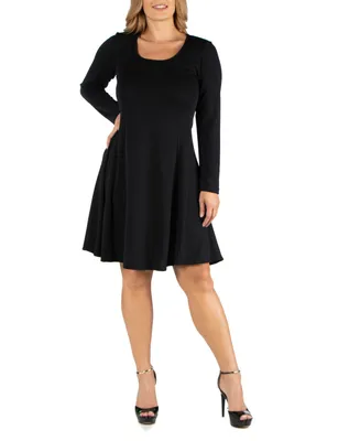 24Seven Comfort Apparel Plus Size Long Sleeve Flared Dress