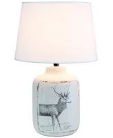 Simple Designs Rustic Deer Buck Nature Printed Ceramic Farmhouse Accent Table Lamp with Fabric Shade - Off