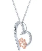 Diamond Heart & Paw Pendant Necklace (1/10 ct. t.w.) in Sterling Silver & 14k Rose Gold-Plate, 16" + 2" extender