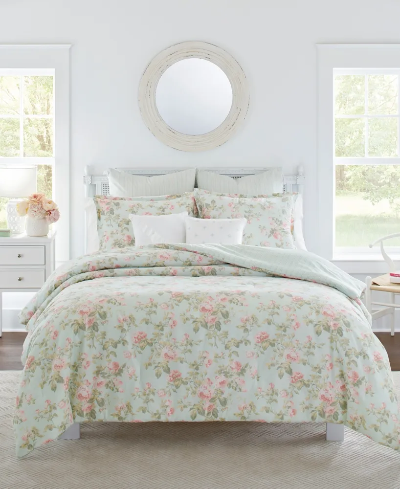 Laura Ashley 7pc Full/Queen Bramble Floral 100% Cotton Comforter Sham Bonus  Set Green