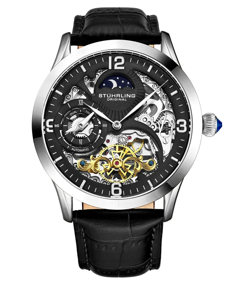 Stuhrling Men's Black Leather Strap Watch 45mm