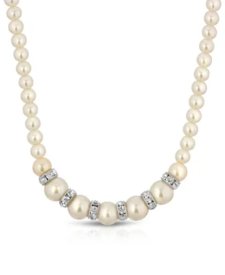 2028 Silver-Tone White Graduated Imitation Pearl and Crystal Necklace