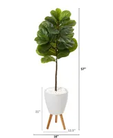 Nearly Natural 57in. Fiddle Leaf Artificial Tree in White Planter with Stand Real Touch