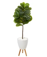 Nearly Natural 57in. Fiddle Leaf Artificial Tree in White Planter with Stand Real Touch