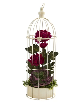 Nearly Natural 24in. Mum and Echeveria Artificial Arrangement in Decorative Cage