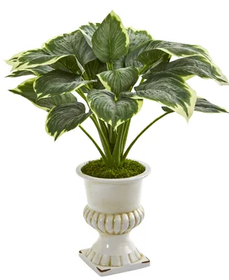 Nearly Natural 24in. Variegated Hosta Artificial Plant in White Urn