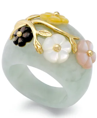 Jade and Multicolored Mother of Pearl (8mm) Flower Ring 14k Gold over Sterling Silver