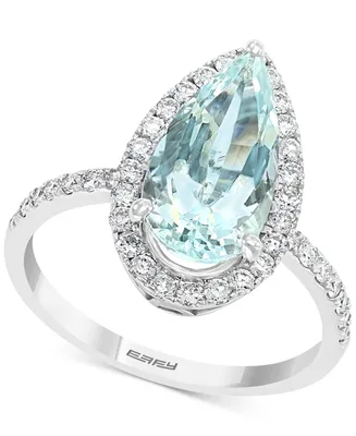 Effy Aquamarine (3 ct. t.w.) & Diamond (3/8 ct. t.w.) Halo Pear Teardrop Ring in 14k White Gold