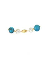 White Freshwater Cultured Pearl (9-9.5mm) with Turquoise Howlite (10mm), and Gold Beads (3mm) 18" Necklace in 14k Yellow Gold