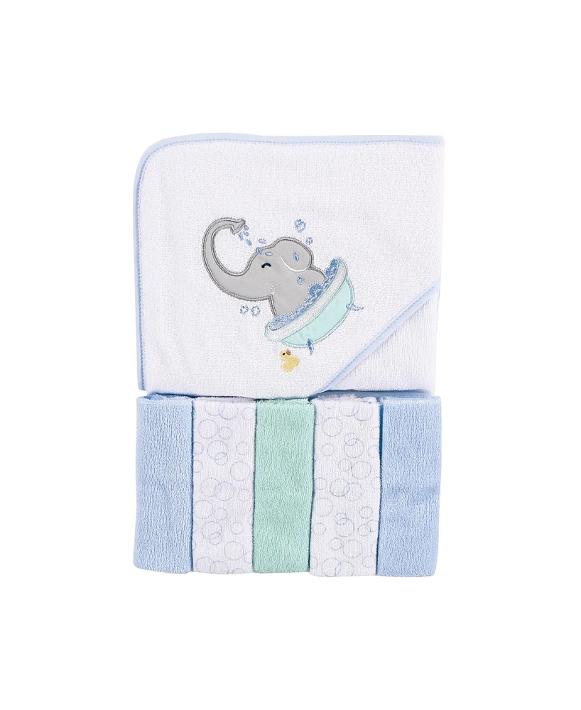 Luvable Friends Baby Girls and Boys Elephant Bath Hooded Towel with 5 Washcloths, Pack of 6