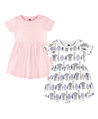 Hudson Baby Girls Cotton Short-Sleeve Dresses 2pk, Pink Safari