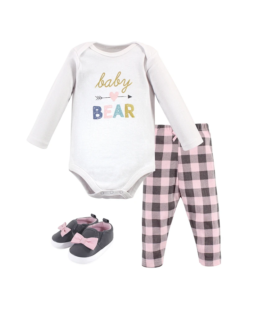 Hudson Baby Girls Cotton Bodysuit, Pant and Shoe 3pc Set Bear