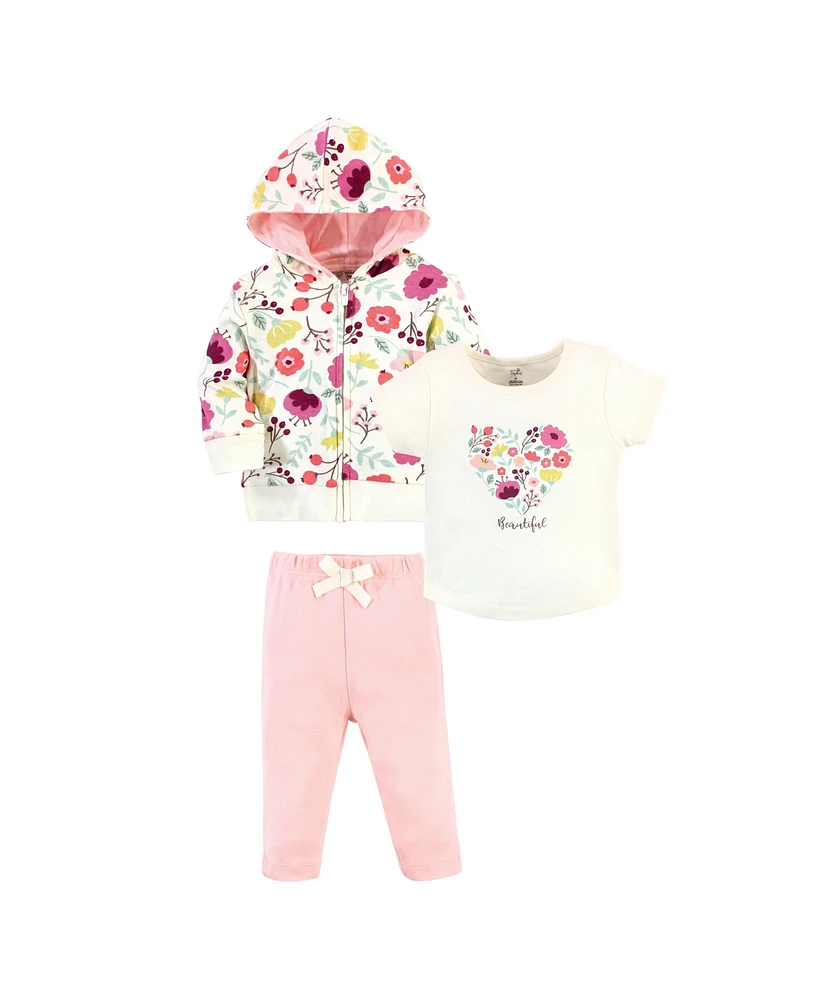 Touched by Nature Toddler Girls Cotton Hoodie, Bodysuit or Tee Top, and Pant, Botanical Toddler, 2