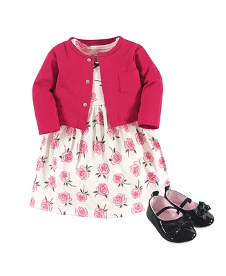 Little Treasure Baby Girls Cotton Dress, Cardigan and Shoe 3pc Set, Rose, 9-12 Months