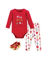 Little Treasure Baby Girls Cotton Bodysuit, Pant and Shoe 3pc Set, Glitzmas