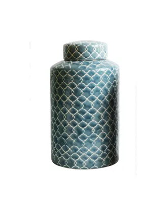 Hand Painted Stoneware Ginger Jar with Fret Pattern and Lid, Blue