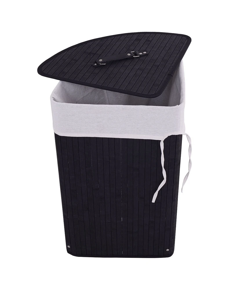 Costway Corner Bamboo Hamper Laundry Basket Washing Cloth Bin Storage Bag Lid